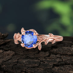 4 Prong Round Cut Sapphire Nature Inspired Leaf Engagement Ring