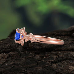 4 Prong Round Cut Sapphire Nature Inspired Leaf Engagement Ring
