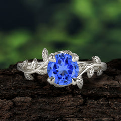 4 Prong Round Cut Sapphire Nature Inspired Leaf Engagement Ring