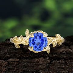 4 Prong Round Cut Sapphire Nature Inspired Leaf Engagement Ring