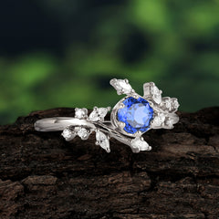Nature-Inspired 6 Prong Round Cut Sapphire Ring