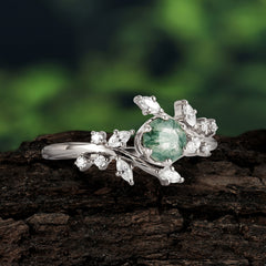Nature-Inspired 6 Prong Round Cut Natural Moss Agate Ring