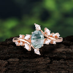 Nature-Inspired 6 Prong Branch Oval-Cut Natural Moss Agate Engagement Ring