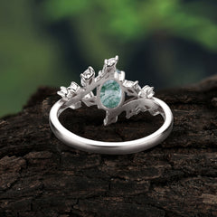 Nature-Inspired 6 Prong Branch Oval-Cut Natural Moss Agate Engagement Ring
