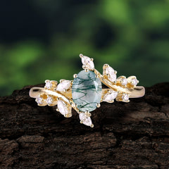 Nature-Inspired 6 Prong Branch Oval-Cut Natural Moss Agate Engagement Ring