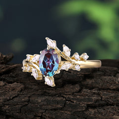 Nature-Inspired Branch  6 prong Oval-Cut Alexandrite Engagement Ring