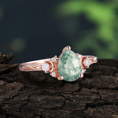 3 Prong Unique Pear Cut Natural Moss Agate Cluster Engagement Ring