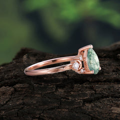 3 Prong Unique Pear Cut Natural Moss Agate Cluster Engagement Ring