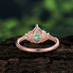 3 Prong Unique Pear Cut Natural Moss Agate Cluster Engagement Ring