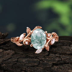 4 Prong Nature Inspired Leafy Vine Pear Cut Natural Moss Agate Engagement Ring