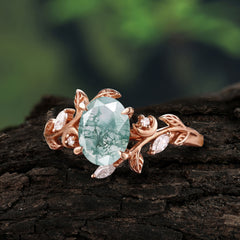 4 Prong Nature Inspired Leafy Vine Pear Cut Natural Moss Agate Engagement Ring