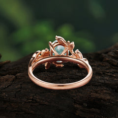 4 Prong Nature Inspired Leafy Vine Pear Cut Natural Moss Agate Engagement Ring
