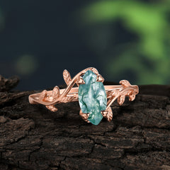 Nature-Inspired Leafy Branch 4-Prong Marquise Natural Moss Agate Engagement Ring