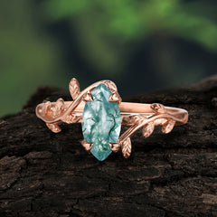 Nature-Inspired Leafy Branch 4-Prong Marquise Natural Moss Agate Engagement Ring
