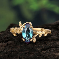 Nature-Inspired Leafy Branch 4-Prong Marquise Alexandrite Engagement Ring
