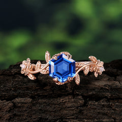Nature-Inspired Vine-Wrapped 4-Prong Hexagon-Cut Sapphire Engagement Ring