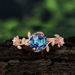 Nature-Inspired Vine-Wrapped 4-Prong Hexagon-Cut Alexandrite Engagement Ring