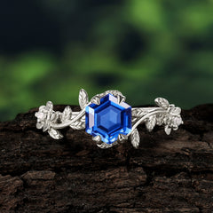 Nature-Inspired Vine-Wrapped 4-Prong Hexagon-Cut Sapphire Engagement Ring