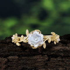 Nature-Inspired Vine-Wrapped 4-Prong Hexagon-Cut Moissanite Engagement Ring