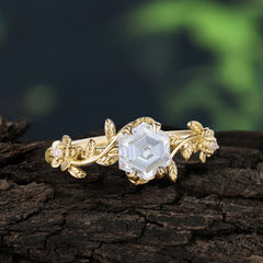 Nature-Inspired Vine-Wrapped 4-Prong Hexagon-Cut Moissanite Engagement Ring
