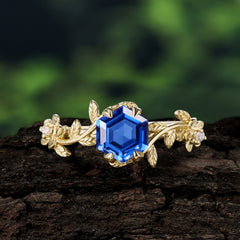 Nature-Inspired Vine-Wrapped 4-Prong Hexagon-Cut Sapphire Engagement Ring