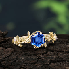 Nature-Inspired Vine-Wrapped 4-Prong Hexagon-Cut Sapphire Engagement Ring