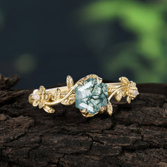 Nature-Inspired Vine-Wrapped 4-Prong Hexagon-Cut Natural Moss Agate Engagement Ring