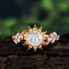 Nature-Inspired Sunflower 4-Prong Round Cut Moissanite Engagement Ring