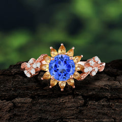 Nature-Inspired Sunflower 4-Prong Round Cut Sapphire Engagement Ring