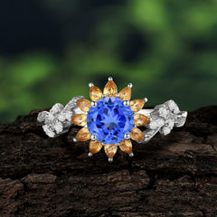 Nature-Inspired Sunflower 4-Prong Round Cut Sapphire Engagement Ring
