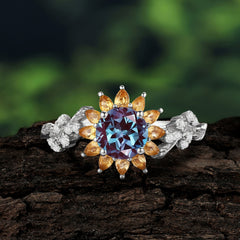 Nature-Inspired Sunflower 4-Prong Round Cut Alexandrite Engagement Ring