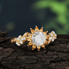 Nature-Inspired Sunflower 4-Prong Round Cut Moissanite Engagement Ring