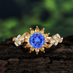 Nature-Inspired Sunflower 4-Prong Round Cut Sapphire Engagement Ring