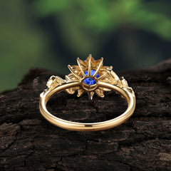 Nature-Inspired Sunflower 4-Prong Round Cut Sapphire Engagement Ring
