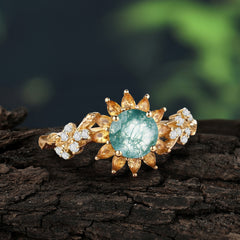 Nature-Inspired Sunflower 4-Prong Round Cut Natural Moss Agate Engagement Ring