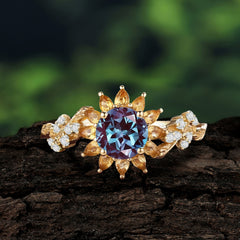 Nature-Inspired Sunflower 4-Prong Round Cut Alexandrite Engagement Ring