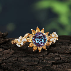 Nature-Inspired Sunflower 4-Prong Round Cut Alexandrite Engagement Ring