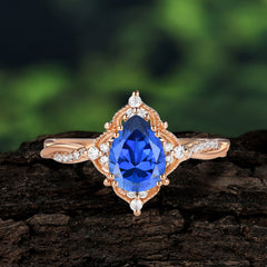 Nature Leaf Ring Pear Cut Sapphire Engagement Ring