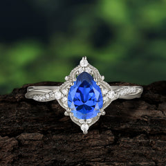 Nature Leaf Ring Pear Cut Sapphire Engagement Ring