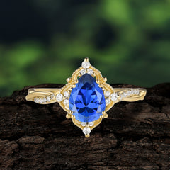 Nature Leaf Ring Pear Cut Sapphire Engagement Ring