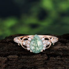 Luxury 4-Prong Pear-Shaped Natural Moss Agate Wedding Ring