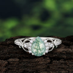Luxury 4-Prong Pear-Shaped Natural Moss Agate Wedding Ring