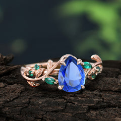 4 Prong Nature Inspired Pear Cut Sapphire Leaf Gold Engagement Ring