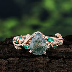 4 Prong Nature Inspired Pear Cut Natural Moss Agate Leaf Gold Engagement Ring
