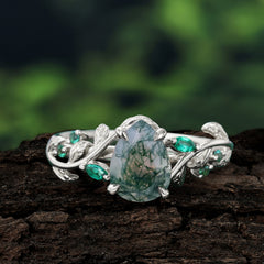 4 Prong Nature Inspired Pear Cut Natural Moss Agate Leaf Gold Engagement Ring