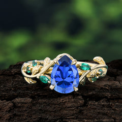 4 Prong Nature Inspired Pear Cut Sapphire Leaf Gold Engagement Ring