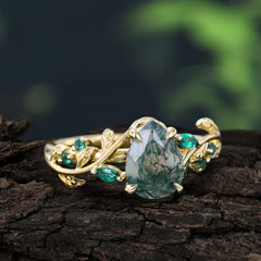4 Prong Nature Inspired Pear Cut Natural Moss Agate Leaf Gold Engagement Ring