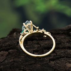4 Prong Nature Inspired Pear Cut Natural Moss Agate Leaf Gold Engagement Ring