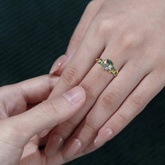 4 Prong Nature Inspired Pear Cut Natural Moss Agate Leaf Gold Engagement Ring
