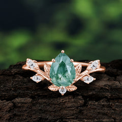 Nature-Inspired 6-Prong Teardrop Natural Moss Agate Engagement Ring
